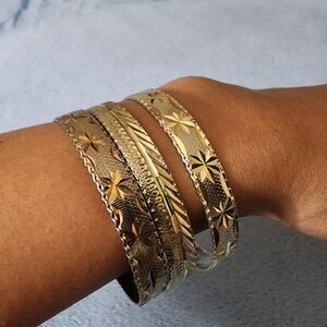 Set of 3 Etched Gold-Tone Bangles – Vintage Star & Moon Design